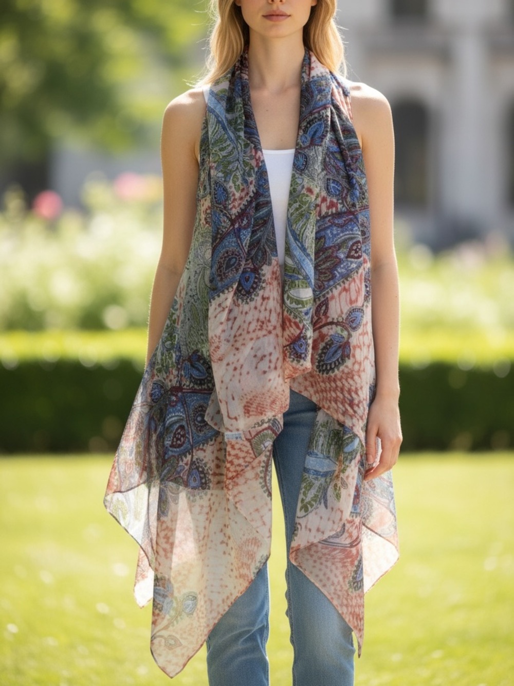 Accents by Lavello convertible Multicolor Chiffon Paisley Scarf Vest, L/OS